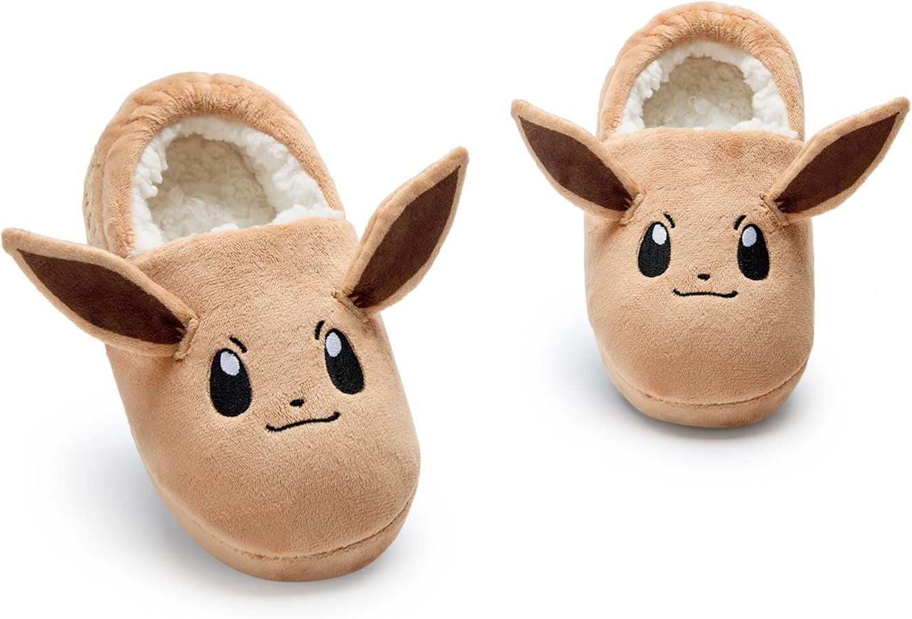 Pokemon Girls Slippers Eevee Character Slip-On Loafer Slippers with 3D Ears | Kids Fur Lined House Shoes in Brown