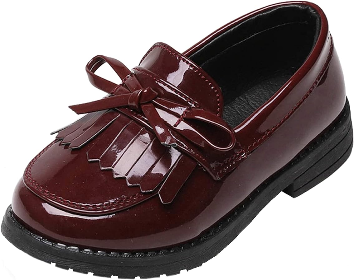 WUIWUIYU Girls Patent Leather Slip-On Penny Loafers Flats Bow Tassel Oxfords Moccasins Dress Shoes