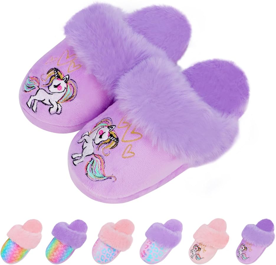 Girls Mermaid Fluffy House Slippers,Toddler Faux Fur Cozy Plush No-Slip Home Slippers with Memory Foam House Shoes for Kids Bedroom Indoor